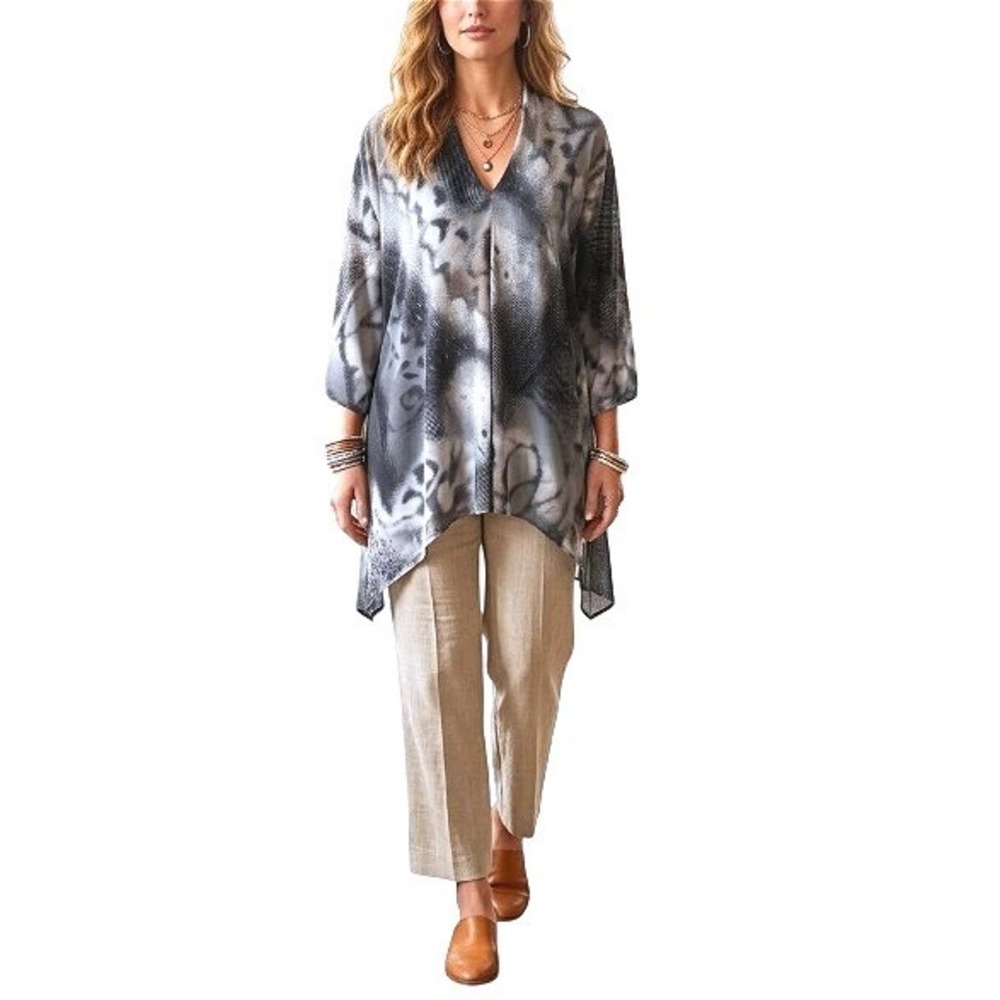 Clara Sun Woo Black Gray Abstract Print Asymmetric Lagenlook Artist Tunic XL